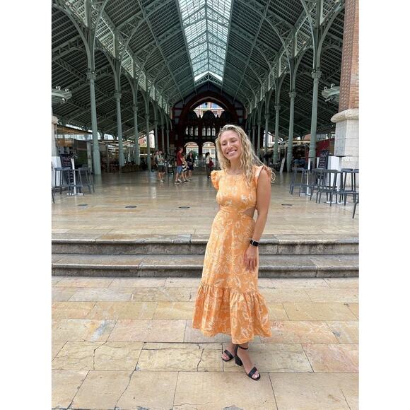 MARISSA WEBB x RTR Orange Botanical Print Tie Back Flutter Sleeve Midi Dress 4 - Picture 13 of 14